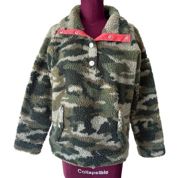 J. Crew Vintage Fleece Camo Printed Sherpa Jacket size XS Pullover - Picture 4 of 12